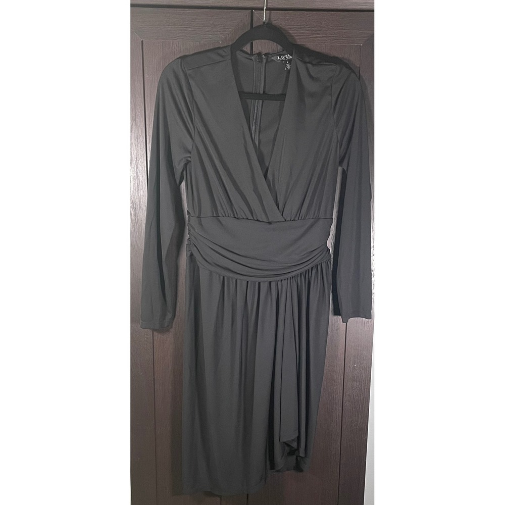 Lauren Ralph Lauren Black Ruched V-Neck Long Sleeve Cocktail Dress Size 6